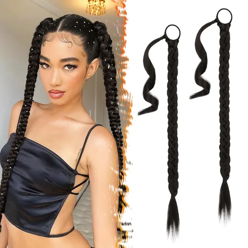 Vista 19 de Barsdar Extensión de 26 Pulgadas de Cola de Caballo Trenzada Larga con Banda Elástica - Extensiones de Cabello en Cola de Caballo Recta y Elegante