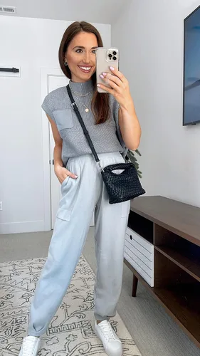 Vista 2 de Ailoqing Conjunto de 2 piezas para mujer, suéter de punto, pantalones de cintura alta, conjuntos de descanso