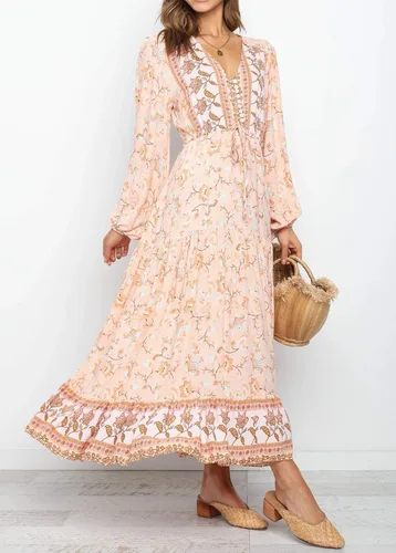 Vista 3 de R.Vivimos Vestido midi de algodón de manga larga con cuello en V y botones para mujer, estampado floral, estilo bohemio