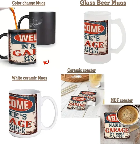 Vista 2 de WELCOME DAVID'S GARAGE MY TOOLS MY RULES - Letrero chic personalizado rústico estilo vintage, tazas retro para cocina, bar, pub, cafetería