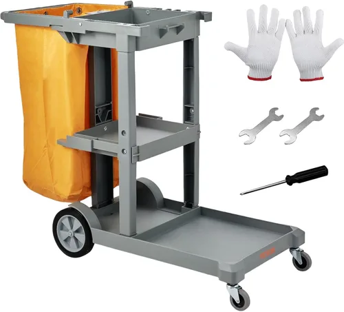 Vista 9 de VEVOR Carrito de limpieza, carrito de limpieza comercial de 3 estantes, carrito de plástico de limpieza de 200 libras de capacidad, con bolsa de PVC