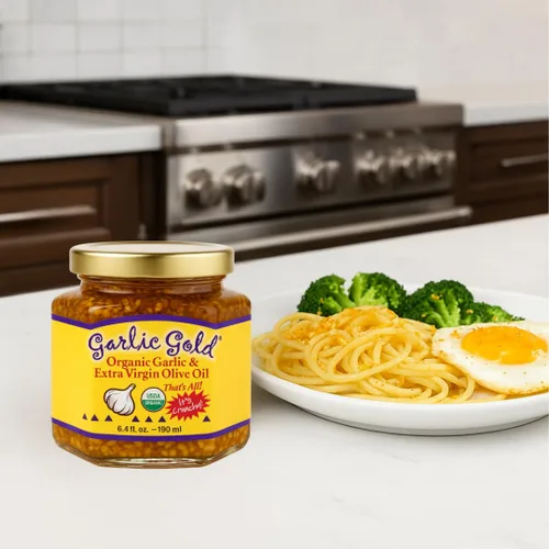 Vista 8 de Garlic Gold Gránulos de ajo tostado orgánico en aceite de oliva virgen extra, ajo crujiente en aceite de oliva, tarro de vidrio de 6.4 oz