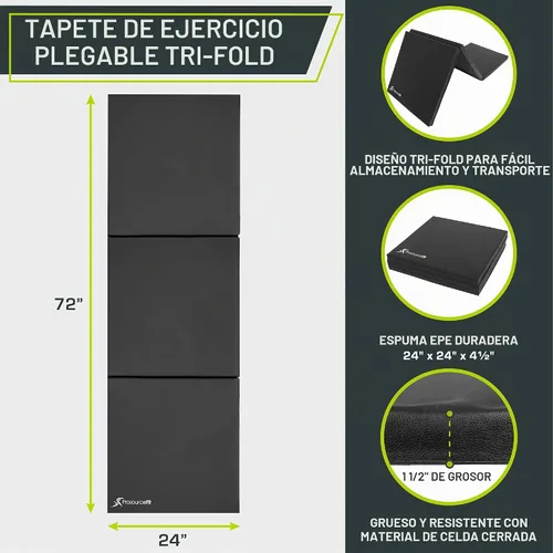 Vista 2 de ProsourceFit Alfombrilla de Ejercicio Plegable Gruesa Tri-Fold de 6'x2' con Asas de Transporte para MMA, Gimnasia Entrenamientos de Core, Negro