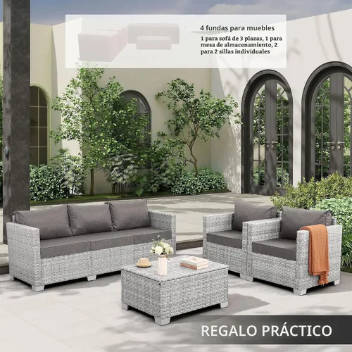 Vista 2 de WAROOM Juego de muebles de patio de 4 piezas para conversación de mimbre para exteriores, sofá seccional de ratán PE con mesa de almacenamiento Gris