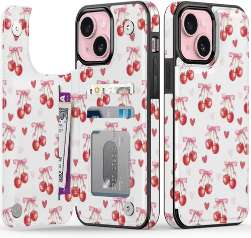 Vista 96 de FUNMIKO Funda tipo cartera para iPhone 15 con tarjetero + clip para efectivo, bloqueo RFID, protección contra caídas de grado militar y obras