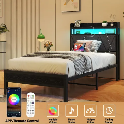 Vista 3 de Base de cama de tamaño individual con luces LED, cabecera tapizada de almacenamiento y estación de carga USB, marco de cama de metal resistente