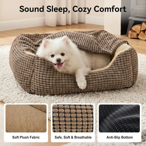 Vista 7 de GASUR Camas para perros pequeños, medianos y grandes con cueva de cubierta, cama rectangular con capucha para cachorros con manta, acogedoras camas