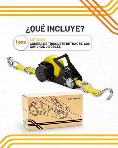 Vista 3 de STRAPINNO Correa de amarre retráctil con trinquete, correa resistente de 1.5 pulgadas x 20 pies con ganchos de doble J, anillos D, correas sin