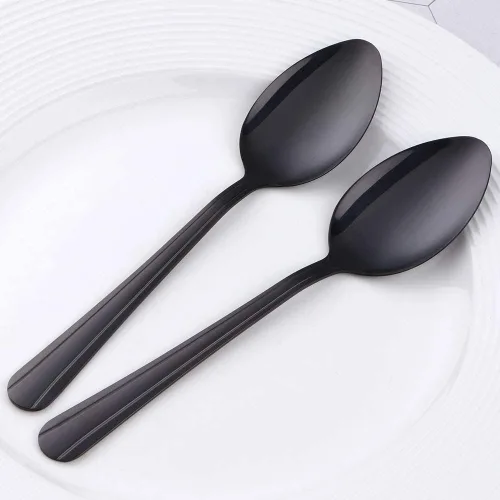 Vista 7 de MINGYU Juego de 12 cucharas de acero inoxidable, elegantes cucharas de sopa negras, cucharas de mesa de 7 pulgadas, cucharas de titanio