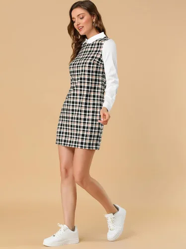 Vista 2 de Allegra K Vestido a cuadros de manga larga con cuello Peter Pan para mujer