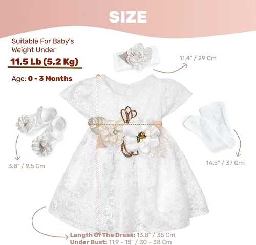 Vista 3 de Vestido de niña recién nacida, bautizo, vestido blanco bordado de encaje para bebé 0-3, vestido de niña de flores recién nacidas