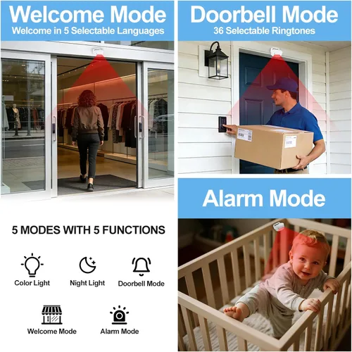 Vista 2 de Timbre de puerta con sensor de movimiento, funciona con pilas, sensor de movimiento para negocios, alarma inalámbrica con detector de movimiento