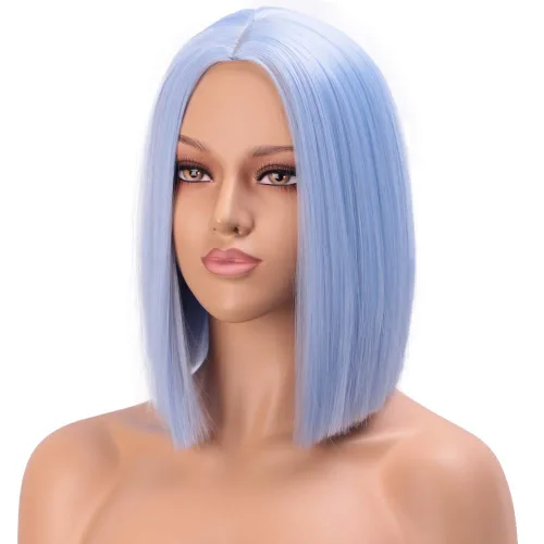 Vista 3 de Peluca colorida de cabello sintético liso, de raya en medio y longitud al hombro, para mujer, moderna Azul cielo