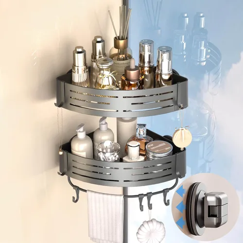 Vista 12 de Onemake Organizador de ducha con ventosa, estante de ducha de succión con ganchos portátiles, organizador de baño con barra de toalla