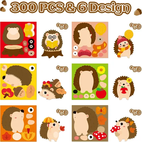 Vista 2 de Haooryx 300 piezas Calcomanías de erizo de otoño para hacer caras, escena en rollo, haz tu propio erizo decorativo, calcomanía autoadhesiva mixta