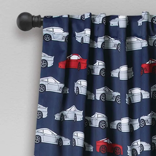 Vista 3 de Lush Decor Race Cars - Juego de cortinas para ventana con filtro de luz, 52 pulgadas de ancho x 63 pulgadas de largo, azul marino y rojo