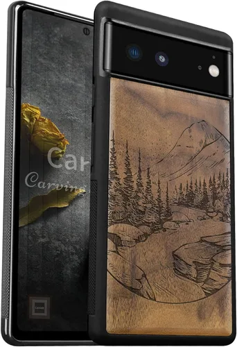 Vista 13 de Carveit Funda de madera para Pixel 6 Pro [madera natural y TPU suave negro] a prueba de golpes, funda de madera única compatible con Google Pixel 6