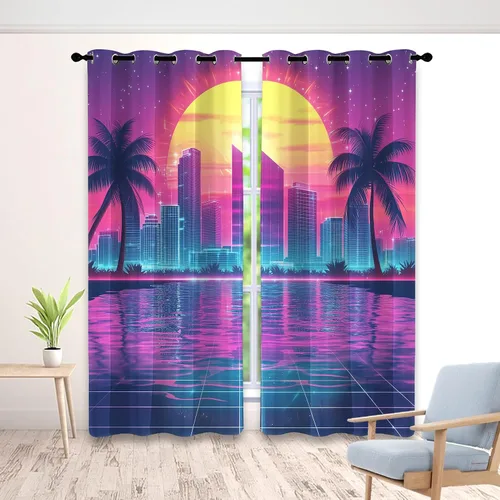 Vista 11 de Cyberpunk - Cortinas para dormitorio, cortinas retro de los años 80, 54 pulgadas de largo para sala de estar, cortinas opacas de ciudad rosa y Rosa