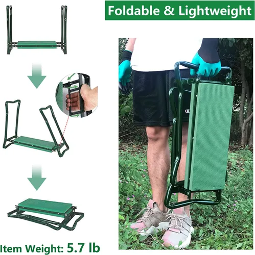 Vista 5 de BESTHLS Rodillero y asiento de jardín, taburete plegable resistente con almohadilla gruesa, bolsa de herramientas, capacidad de 330 libras, soporte