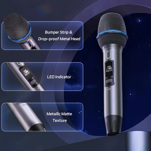 Vista 7 de JAUYXIAN Micrófonos inalámbricos U60, sistema de micrófono dual UHF con receptor recargable, micrófono de karaoke de metal para cantar, boda, DJ