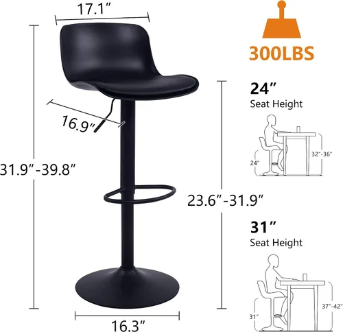 Vista 2 de YOUTASTE Juego de 2 taburetes de bar totalmente negros, taburetes de bar giratorios ajustables con respaldo, asientos de silla de bar acolchados