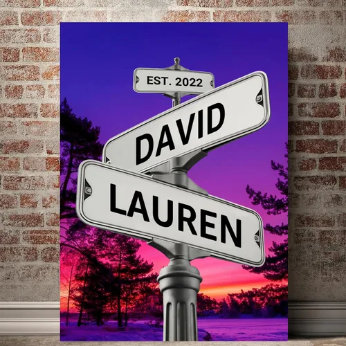 Vista 16 de Cartel de calle vintage de lienzo personalizado para parejas, cartel de cruce de caminos con nombre personalizado, el mejor regalo para parejas