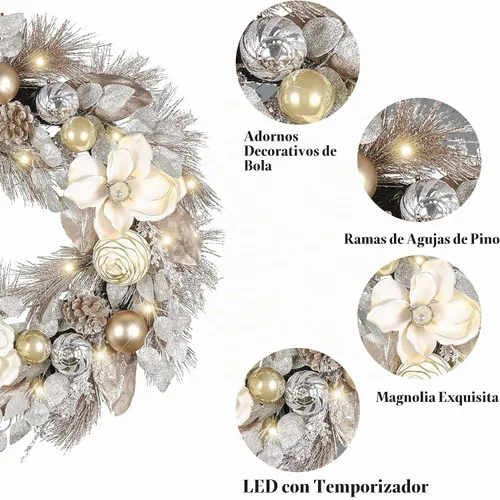 Vista 5 de Valery Madelyn 24" Pre-Lit Large Christmas Wreath for Front Door with Light Corona de Navidad plegable iluminada para exteriores con bolas de Oro