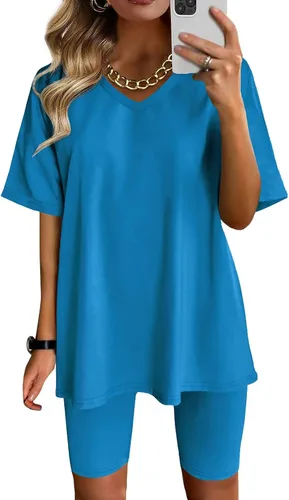 Vista 2 de MRGIINRI Conjunto de pijama de 2 piezas para mujer, de moda, manga corta, cuello en V, ropa de dormir, elegante, casual, holgada, ropa de dormir