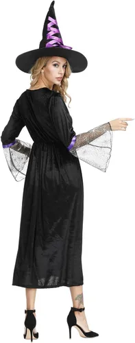 Vista 6 de Zhitunemi Disfraz de bruja para mujer, vestido de hechicera, sombrero de bruja malvada de araña, disfraces