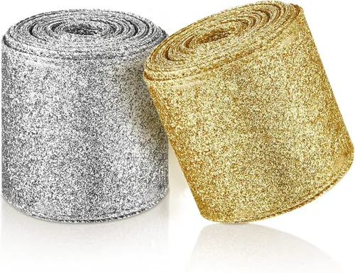 Vista 8 de 2 rollos de cinta de Navidad de 20 yardas con purpurina metálica con borde de alambre, cintas decorativas de tela para envolver fiestas, decoración