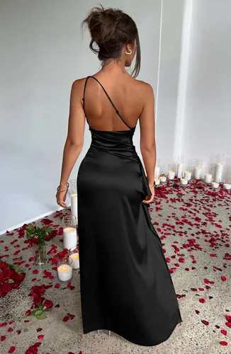 Vista 5 de Memoriesea Women's Sexy One Shoulder Satin High Split Cocktail Wedding Party Maxi Dress