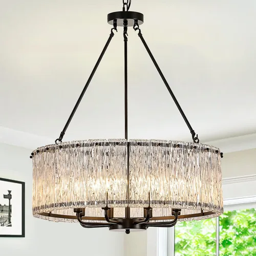 Vista 18 de CATINER Candelabro de cristal de 20 pulgadas, moderno, 6 luces, lámparas de tambor dorado, iluminación colgante de techo de lujo para entrada