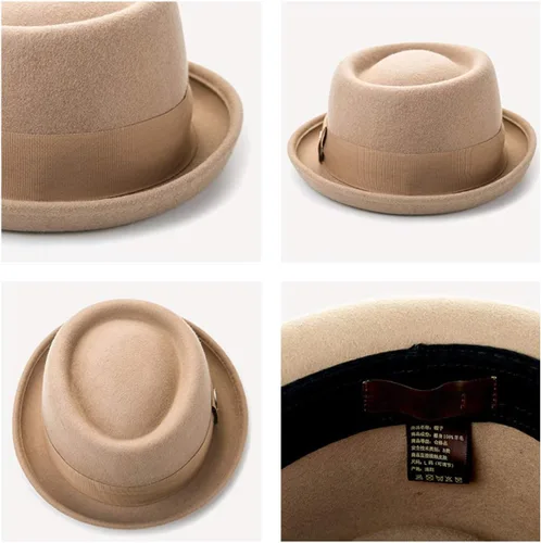 Vista 4 de F FADVES Sombrero de pastel de cerdo 100% fieltro de lana para hombre, sombrero de cerdo que rompe malo, parte superior plana para hombre, Fedora