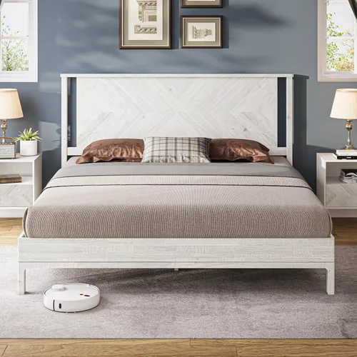 Vista 18 de Estructura de cama Queen en forma de trapecio de Bme – Cama moderna de madera maciza con cabecero de patrón suave, patas de metal negro, acabado