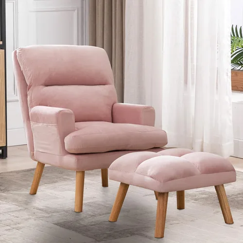 Vista 10 de INZOY Sillas Accent con Otomano, Sillón de Terciopelo Moderno con Respaldo Ajustable, Cómoda Silla de Salón para Sala de Estar Dormitorio, Crema