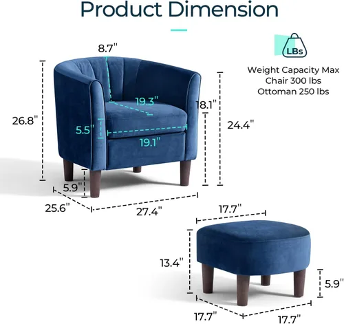 Vista 2 de LINSY Silla decorativa con otomana, moderna silla de barril pequeña, silla de lectura con reposapiés, cómoda silla con brazos redondos para sala