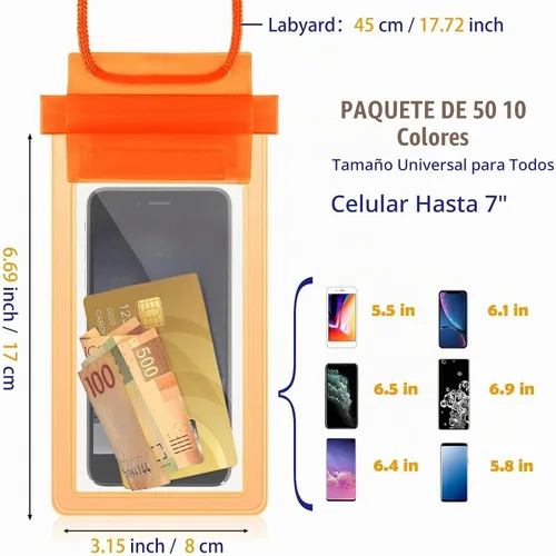 Vista 2 de Paquete de 50 bolsas transparentes impermeables para teléfono con correa de cordón, multicolor