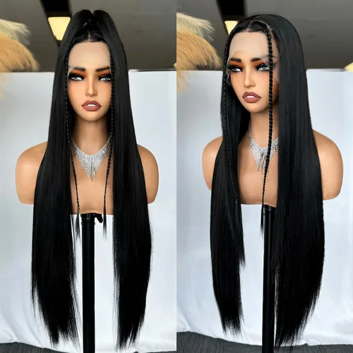 Vista 15 de SOKU 13x6 Peluca de encaje frontal HD transparente de 32" con cabello de bebé sintético pre-depilado resistente al calor de parte libre marrón