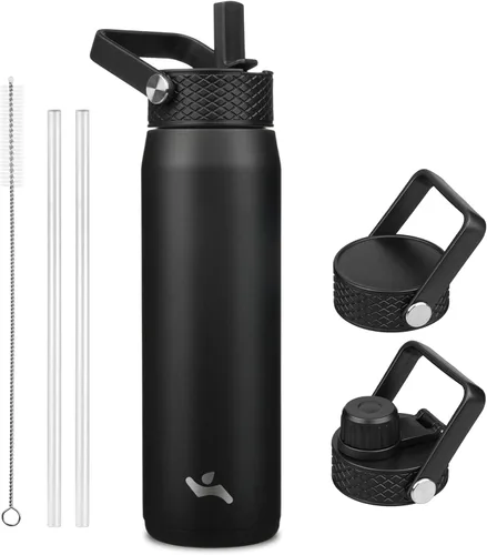 Vista 16 de Konokyo - Botella de agua aislada de 18 onzas, botellas deportivas de acero inoxidable con 3 tapas, verde militar