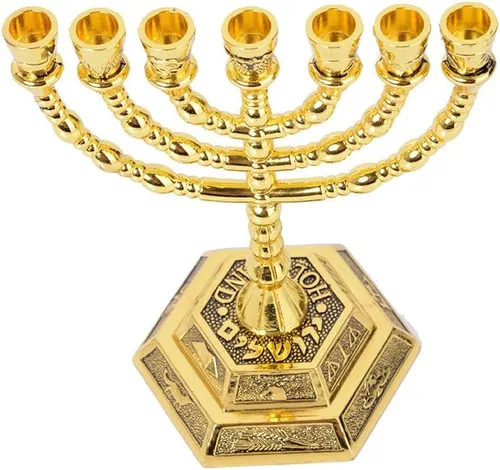Vista 2 de Menorá 12 Tribus de Israel, soporte de velas judío, templo de Jerusalén, 7 ramas (12.7 cm, dorado)
