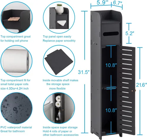Vista 3 de AOJEZOR Gabinete pequeño de almacenamiento para baño: Gabinete para papel higiénico de baño adecuado para rollo pequeño, negro