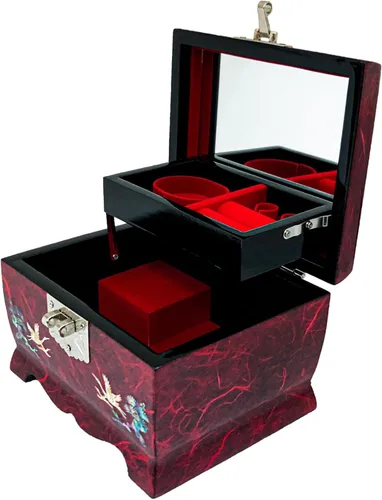 Vista 16 de Fun-Store Caja de madera con incrustaciones de nácar con incrustaciones de nácar, caja de madera, diseño de árbol de grúa, espejo, recuerdo, tesoro