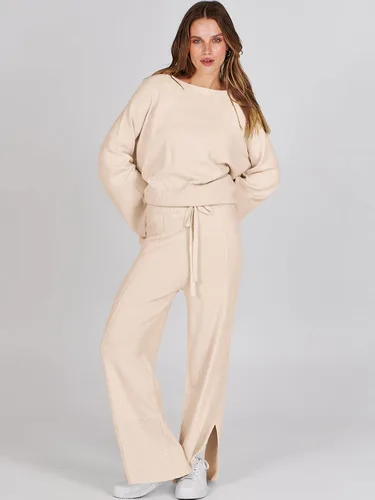 Vista 4 de ANRABESS Conjunto de 2 piezas para mujer, sudadera de punto de gran tamaño y pantalones de pierna ancha con cordón