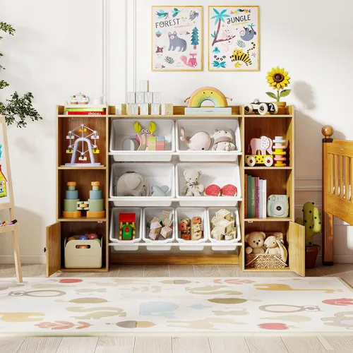 Vista 9 de HONEY JOY Organizador de almacenamiento de juguetes para niños, armario de madera de 56.5 pulgadas de largo con 8 contenedores extraíbles, estantes