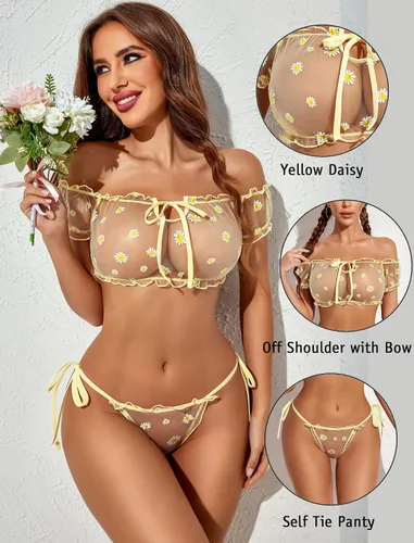 Vista 84 de Avidlove - Conjunto de brasier y braga con volantes, conjunto de lencería tipo babydoll de malla
