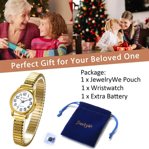 Vista 6 de JewelryWe Reloj analógico Easy Reader para mujer, chapado en oro, plata, banda elástica