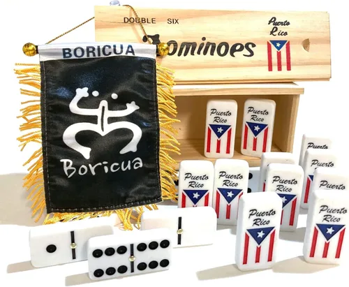 Vista 4 de Dominó de Puerto Rico Double Six Boricua Classic 2pc Dominó y Mini Bandera de Puerto Rico