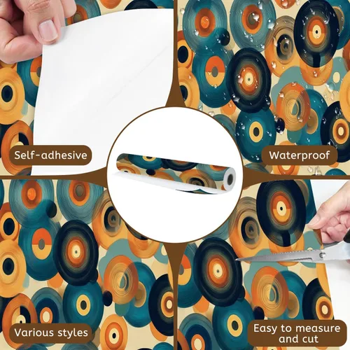 Vista 6 de Papel tapiz autoadhesivo para despegar y pegar, para encimera, discos de vinilo retro abstractos, tonos cálidos, diseño circular, autoadhesivo