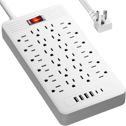 Vista 9 de Regleta protectora de sobretensiones de 24 tomacorrientes – Cable de extensión de enchufe plano de 5 pies con 24 tomas amplias y 4 puertos USB, 2