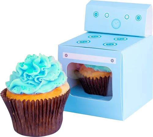 Vista 2 de Bun in the Oven - Cajas para cupcakes para baby shower, fiesta de revelación de género para niños y niñas (12 piezas, azul)